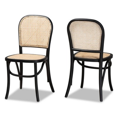 Baxton Studio 2pc Cambree Woven Rattan and Wood Cane Dining Chair Set Brown/Black: Mid-Century, Beech Frame, Polyester Upholstery