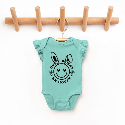 The Juniper Shop Don't Worry Be Hoppy Smiley Bunny Baby Flutter Sleeve Bodysuit