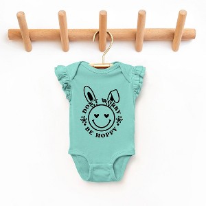 The Juniper Shop Don't Worry Be Hoppy Smiley Bunny Baby Flutter Sleeve Bodysuit - 1 of 2