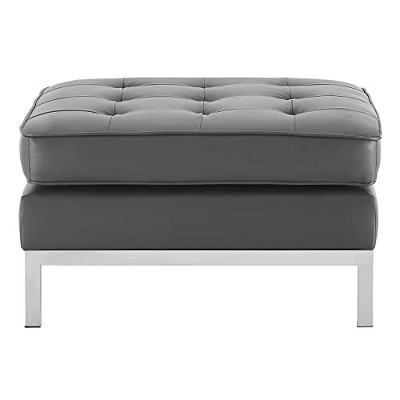 Loft Silver Gray Tufted Faux Leather Ottoman with Stainless Steel Legs