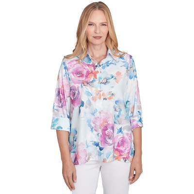 Alfred Dunner Womens Floral Watercolor Button Down Top