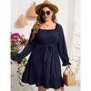 WhizMax Women's plus size Dress Casual Square Neck Dress Puff Long Sleeve Dresses High Waist Ruffle Midi Dress with Belt - 2 of 4