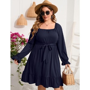 YesFashion Women's Casual Plus Size Square Neck Dress Short Sleeve Dress High Waist Ruffle Summer Midi Dress with Belt - 1 of 4