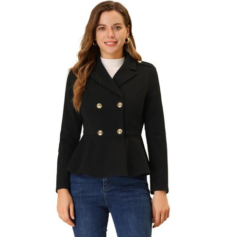 Allegra K Women's Elegant Lapel Blazer Long Sleeve Button Ruffle Hem Work  Short Coat Jacket Black Medium