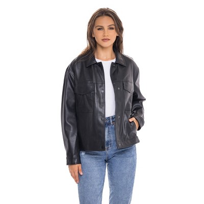 Women's Faux Leather Shacket, Oversize Shirt Jacket - S.E.B. By SEBBY