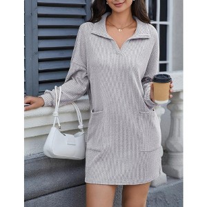 Women's Loose Lapel Neck Puff Sleeves  Knit Sweater Dresses Mini Dresses With Pocket - 1 of 4