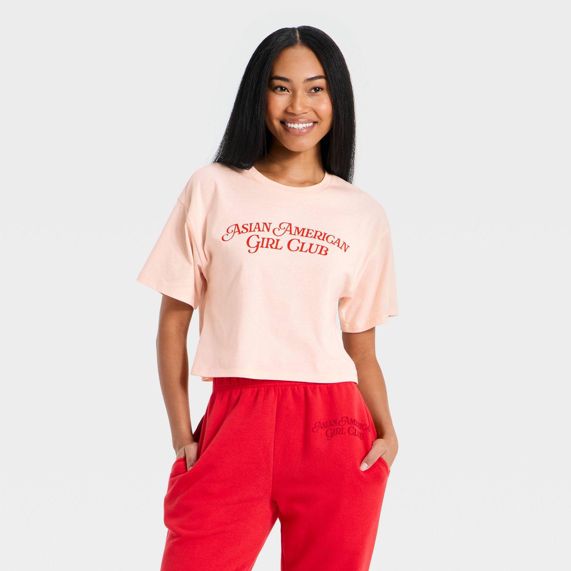 Lunar New Year Asian American Girl Club Adult Short Sleeve Cropped T-Shirt - Light Pink