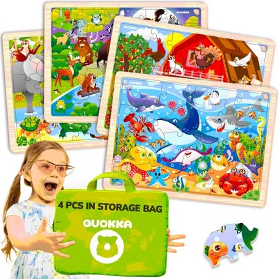 QUOKKA 24-48 pcs Wooden Puzzle Set - 4x Jigsaw Puzzle for Kids 4 5 6 Year Old