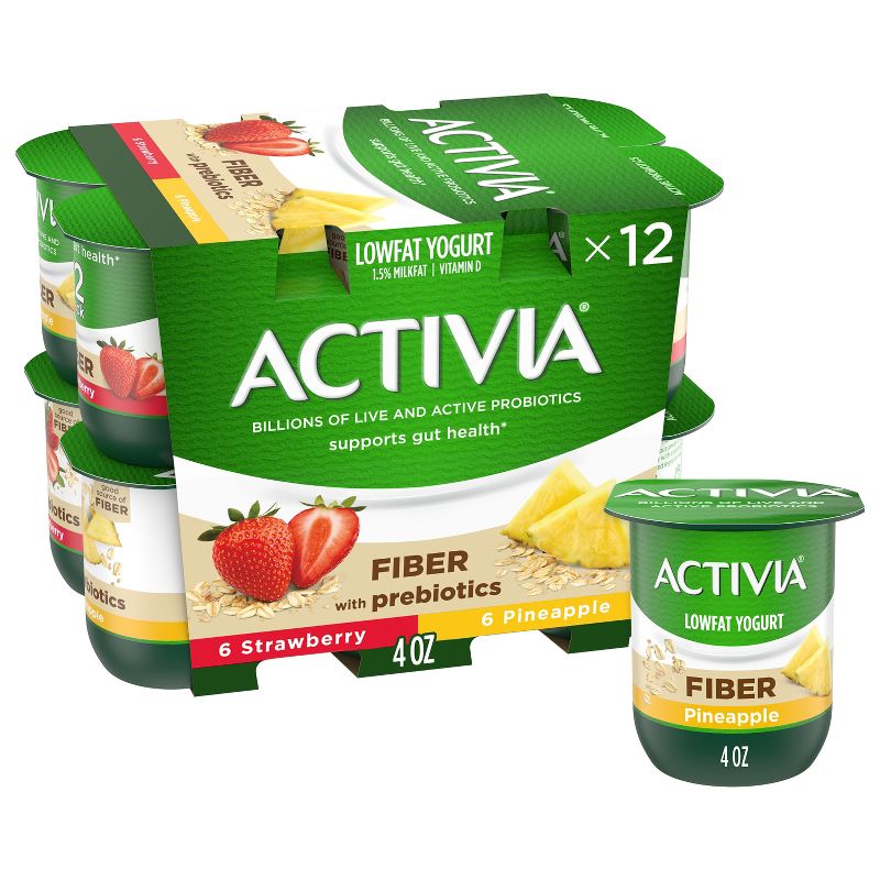 Activia Low Fat Fiber Probiotic Strawberry &#38; Pineapple Yogurt Variety Pack - 12ct/4oz Cups, 1 of 11