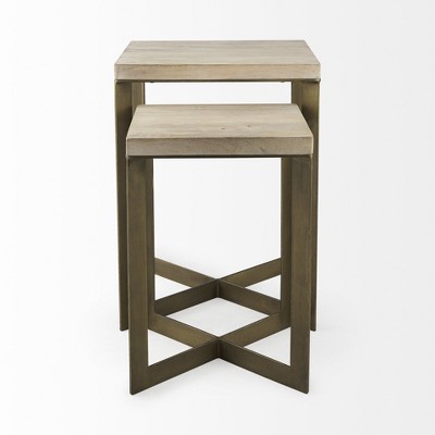 HomeRoots Set of Two Natural and Gold Solid Wood and Metal Square Cross Legs Nested Tables
