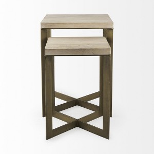 HomeRoots Set of Two Natural and Gold Solid Wood and Metal Square Cross Legs Nested Tables - 1 of 4