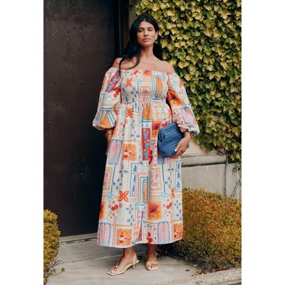 ELOQUII Women's Plus Size Printed Puff Sleeve Maxi Dress