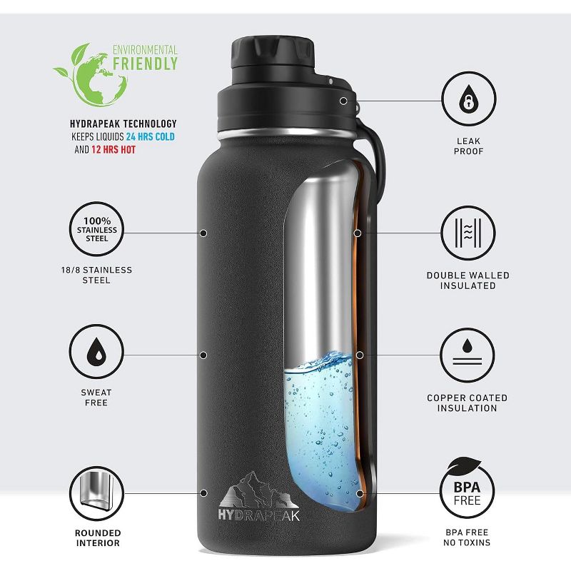 Hydrapeak 32oz Water Bottle Stainless Steel Insulated Thermal With A Leak Proof Chug Lid & Handle, 4 of 10
