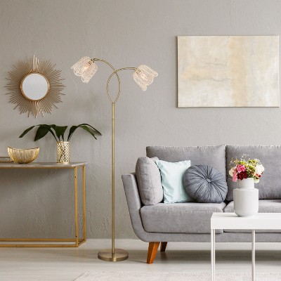 61" Gold Metal Candlestick Floor Lamp with White Rattan Bell Shades