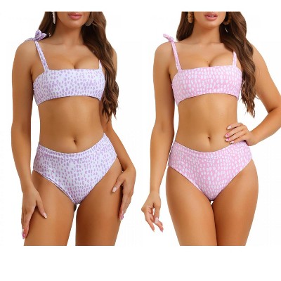 INSPIRE CHIC Women's Tie Shoulder Leopard Print Bandeau High Waist Swimwear Bathing Suits 2 Sets