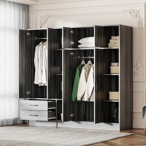 TIRAMISUBEST 6 Door Bedroom Armoire Closet with 2 Storage Drawers and Hanging Rods, Modern Wardrobe Clothes Organizer with Open Storage Shelves - 1 of 4