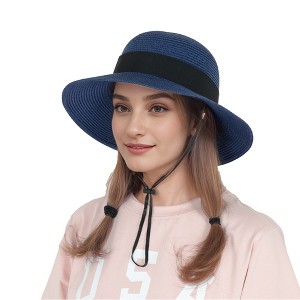 Anna-Kaci Wide Brim Straw Sun Hat with Black Ribbon Bow Adjustable Chin Strap Inner Sweatband for Outdoor and Travel Use - 1 of 4