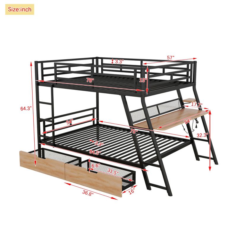 Full/Twin Size Metal Bunk Bed with Built-in Desk, Light and 2 Drawers, Black-ModernLuxe, 4 of 15