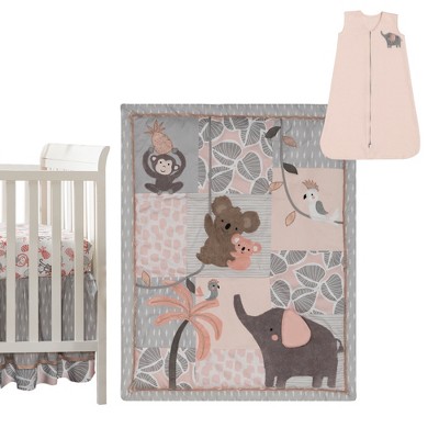 Lambs & Ivy Calypso 4-Piece Crib Bedding Set - Pink, Gray, Gold, Animals, Jungle