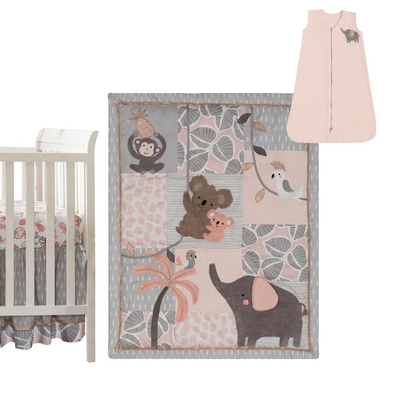 Lambs & Ivy Calypso 4-Piece Crib Bedding Set - Pink, Gray, Gold, Animals, Jungle, 1 of 7