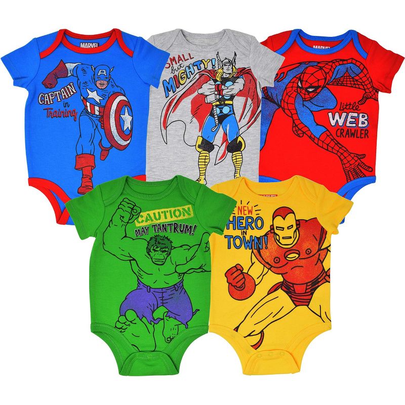 Marvel Avengers Baby Boys 5 Pack Short Sleeve Bodysuit , 1 of 7