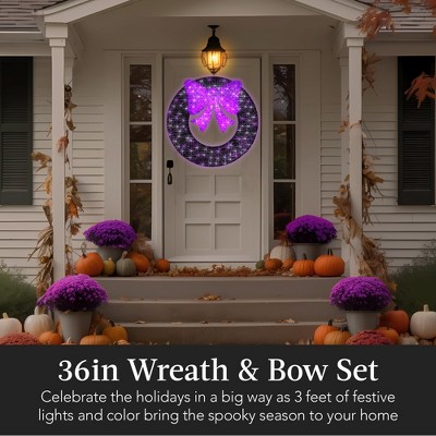 36-Inch Multicolor LED Pre-Lit Outdoor Christmas Wreath with Purple Bow