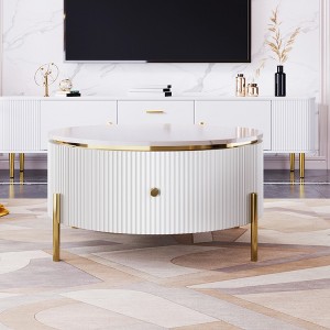 31.5" Modern Round Coffee Table with 2 Large Drawers and Marble-Pattern Top for Living Room, Apartment, or Lounge - 1 of 4