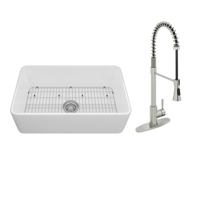 All-in-one Kit: 30-inch Fireclay Single Bowl Farmhouse Apron Kitchen Sink with Spring Pull Faucet