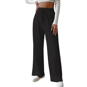 Clearlove Womens Wide Leg Palazzo Pleated Pants Ribbed Knit High Waist Flowy Drawstring Loose Casual Trousers - 1 of 4