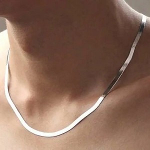 RMZ GOLD NYC 18K White Gold Plated Herringbone Chain – Sleek & Unisex Flat Necklace - 1 of 1