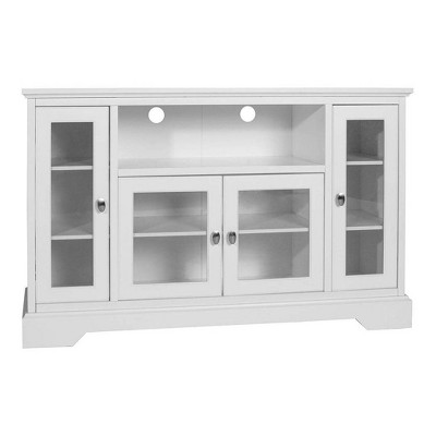 White tv console with glass outlet doors