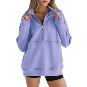 Imily Bela Womens Oversized Fleece Half Zip Stand Collar Long Sleeve Thumb Hole Pullovers with Pockets - 1 of 4