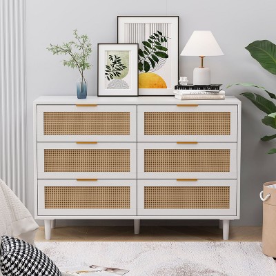 Munora 43.31"W 6-Drawer Rattan Storage Cabinet - White with Natural Rattan Drawers for Bedroom/Living Room