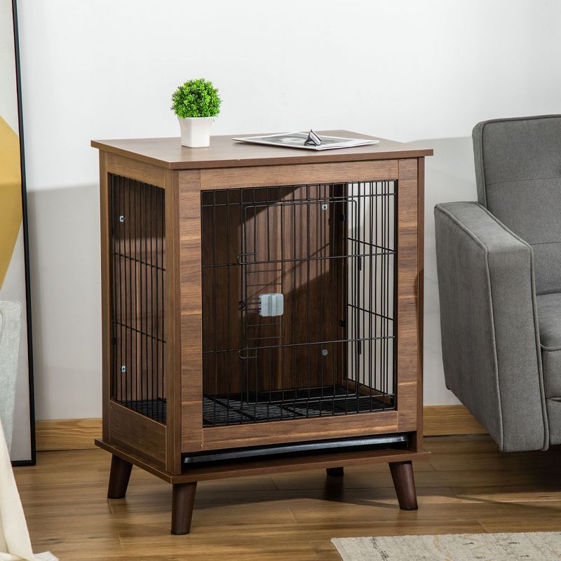 PawHut Wooden Dog Kennel, End Table Furniture with Lockable Doors, Small Size Pet Crate Indoor Animal Cage, Brown, 2 of 7