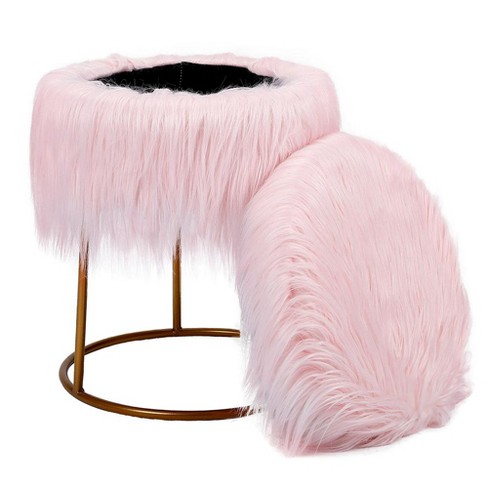 Birdrock Home Round Pink Faux Fur Foot Stool Storage Ottoman With Pale Gold  Legs : Target