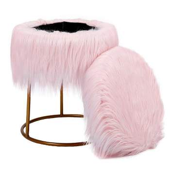 BirdRock Home Round Pink Faux Fur Foot Stool Storage Ottoman with Pale Gold Legs