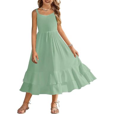 Arshiner Girls Cami Summer Dress Casual Sleeveless Sundress with Pockets for 5-6 Y White-Light Green-5-6 Years