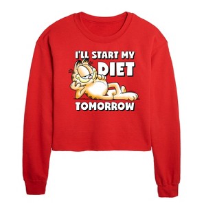 - Garfield - Start My Diet Tomorrow Cropped Long Sleeve Crew Neck Sweatshirt - 1 of 3
