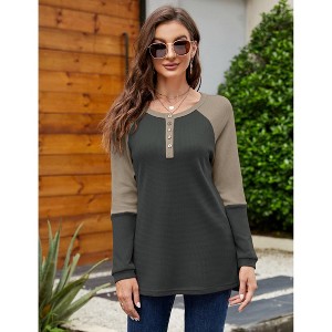 Women’s V Neck Henley Shirts Long Sleeve Waffle Tunic Tops Pullover Sweatshirts with Buttons - 1 of 4