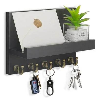 LunaLulinlk Key Holder for Wall, Dinosam Mail Organizer Wall Mount with 5 Key Hook and Mail Holder, Designer Key Rack Suitable Black