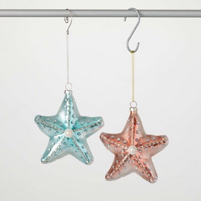 5.25"H Sullivans Iridescent Starfish Christmas Ornaments Set of 2, Blue-Pink, Christmas Tree Decor