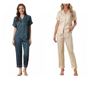 INSPIRE CHIC Women's 4 Pcs Satin Short-Sleeve Button-Up Sleepwear & Long-Pants Pajama Set - 1 of 4