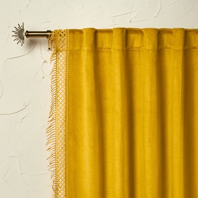 84"x54" Velvet Macrame Trim Light Filtering Curtain Panel Gold - Opalhouse™ designed with Jungalow™