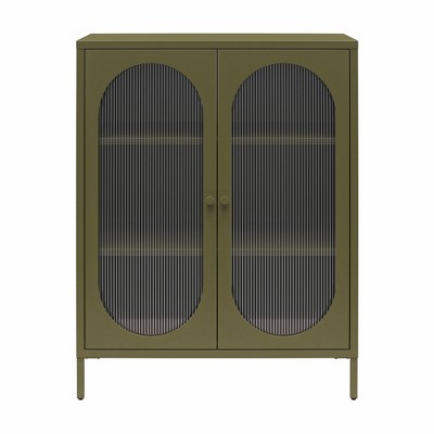 Olive Green Metal Accent Cabinet with Fluted Glass Doors