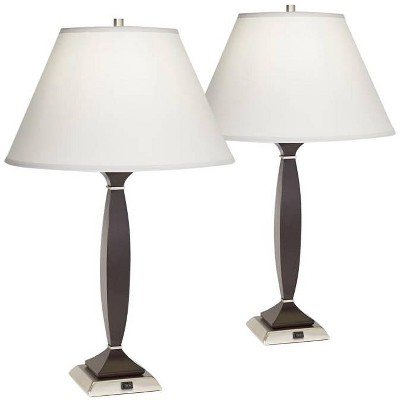 360 Lighting Modern Contemporary Table Lamps Set of 2 Mahogany Wood Brushed Steel Tapered Drum Shade for Living Room Bedroom House