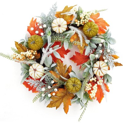 20 Inch Fall Wreath, Autumn Pumpkin Wreath with White Green Pumpkins Maple Leaves Lamb Ear Leaves, for Thanksgiving Indoor Outdoor Decor