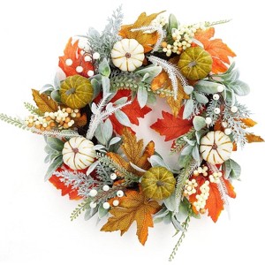 20 Inch Fall Wreath, Autumn Pumpkin Wreath with White Green Pumpkins Maple Leaves Lamb Ear Leaves, for Thanksgiving Indoor Outdoor Decor - 1 of 4