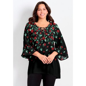 Avenue Women's Plus Size V-Neck Lace-Up Bell Sleeve Tunic - 1 of 2