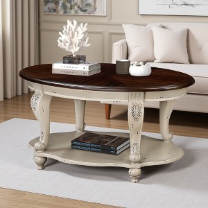 42" Oval 2-Tier Distressed Rubberwood Coffee Table - 1 of 4