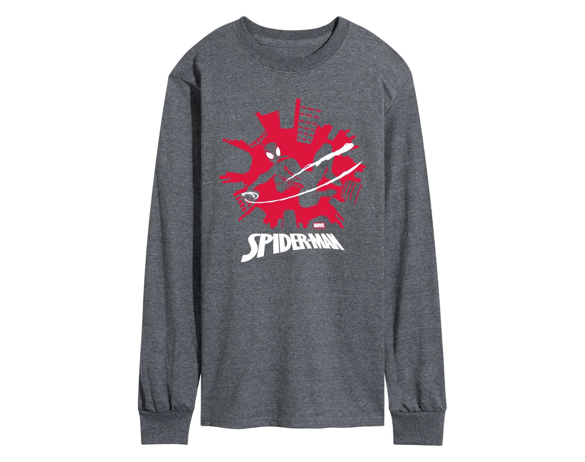 Men's Marvel Spider-Man Miles Skyline Long Sleeve Graphic T-Shirt - Heather Charcoal - Large